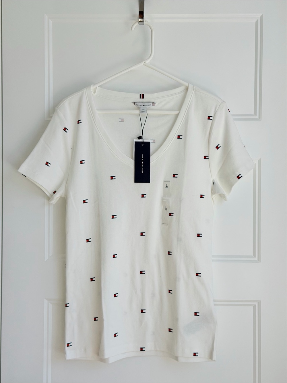 Tommy Hilfiger White Short Sleeve V-Neck Tee with Flag Embroidery